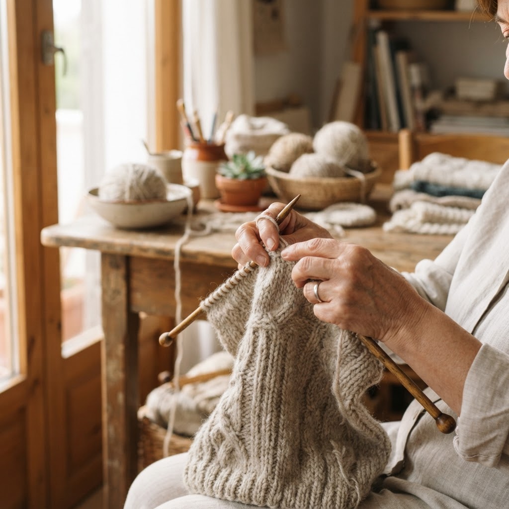 Uma artesã a trabalhar uma peça de malha no atelier