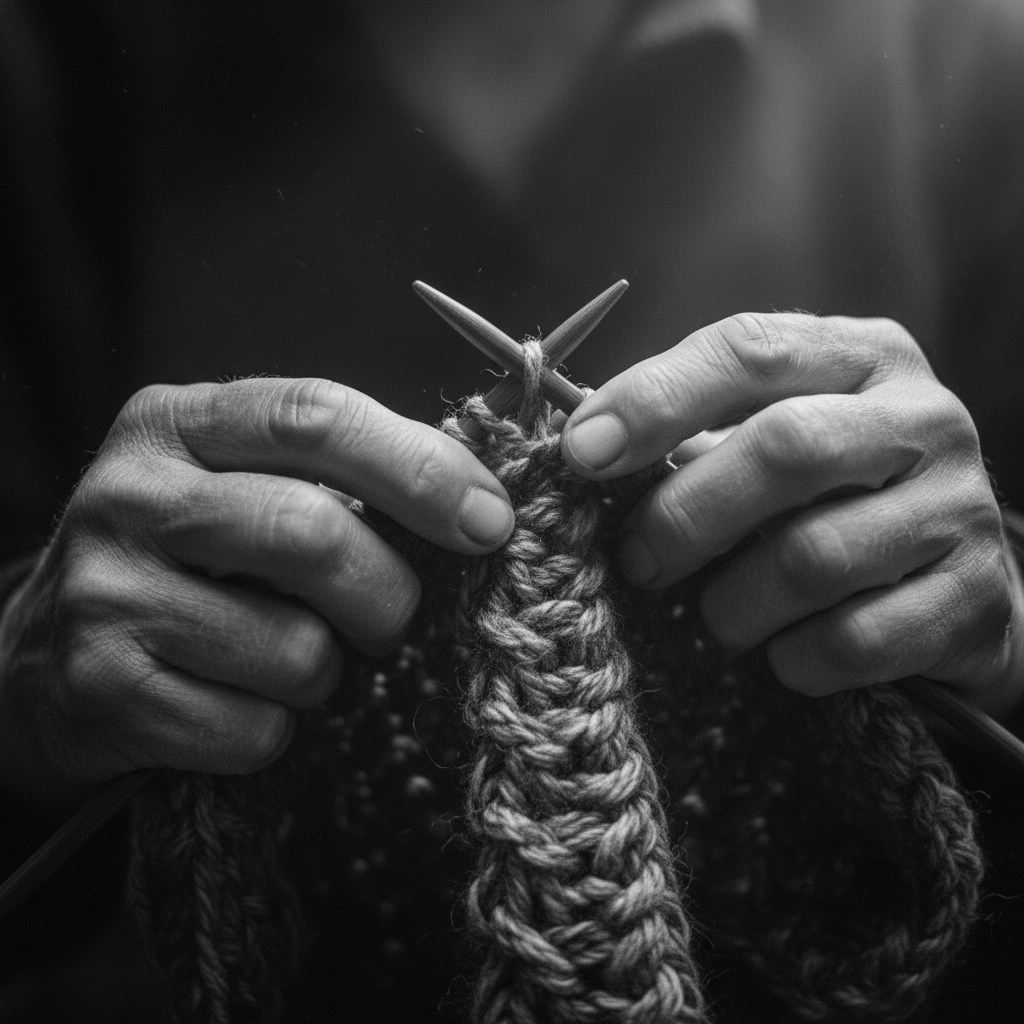 Mãos a trabalhar uma peça de tricot, numa fotografia a preto e branco