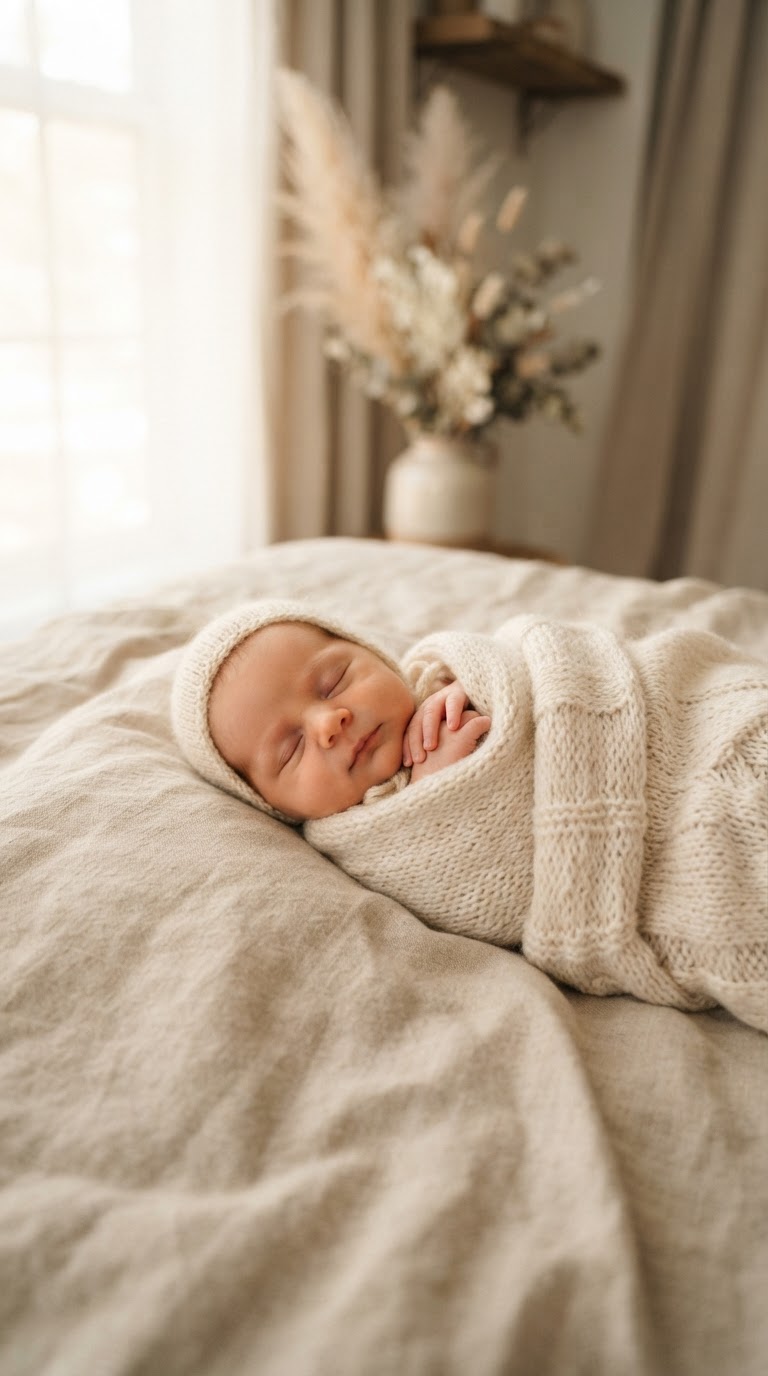 Um bebé a dormir, aconchegado numa manta de malha