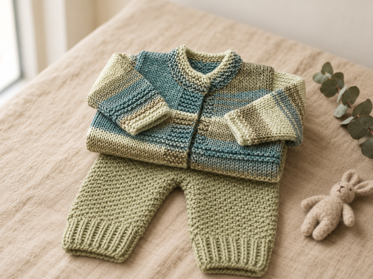 Conjunto de bebé verde e creme em tricot